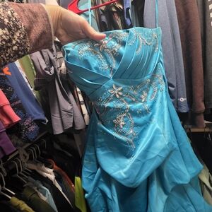 Elegant Blue Strapless Gown with Silver Embellishments